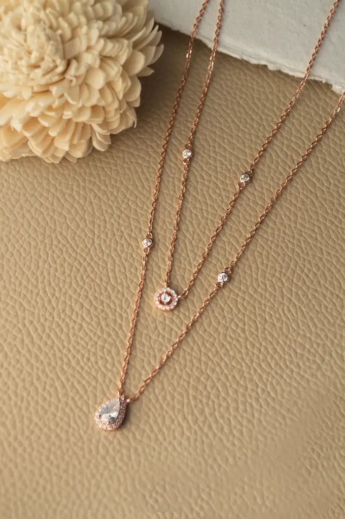 Trendy Dual Layered Solitaire Rose Gold Plated Sterling Silver Chain Necklace : MCRNCP457D1097