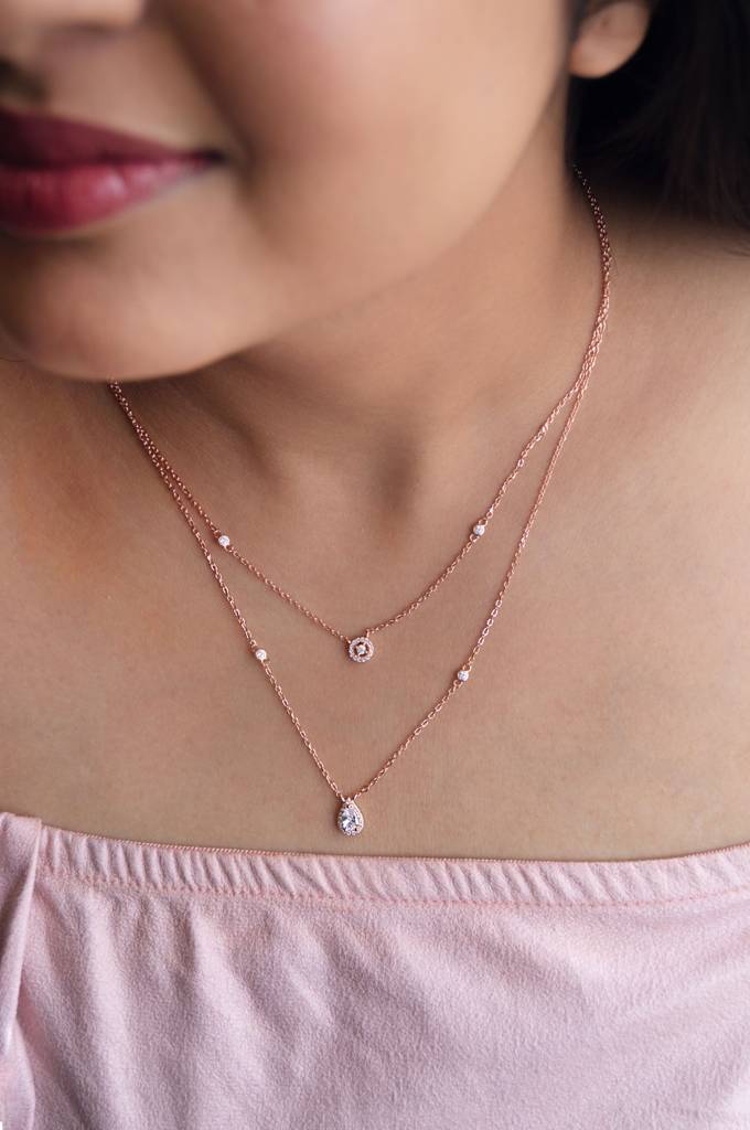 Trendy Dual Layered Solitaire Rose Gold Plated Sterling Silver Chain Necklace : MCRNCP457D1097