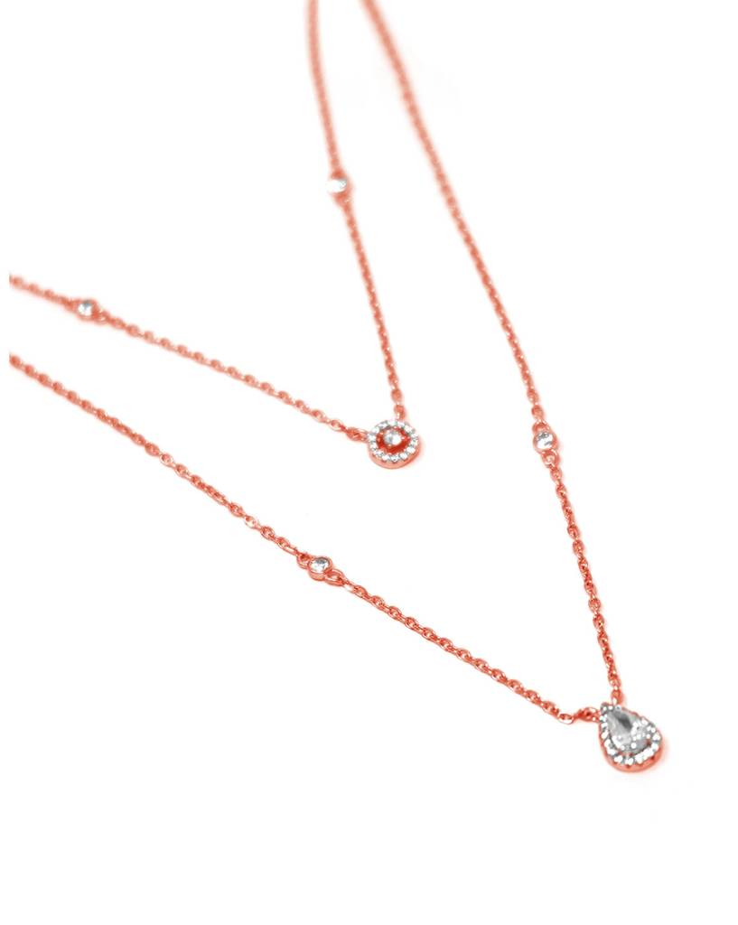 Trendy Dual Layered Solitaire Rose Gold Plated Sterling Silver Chain Necklace : MCRNCP457D1097