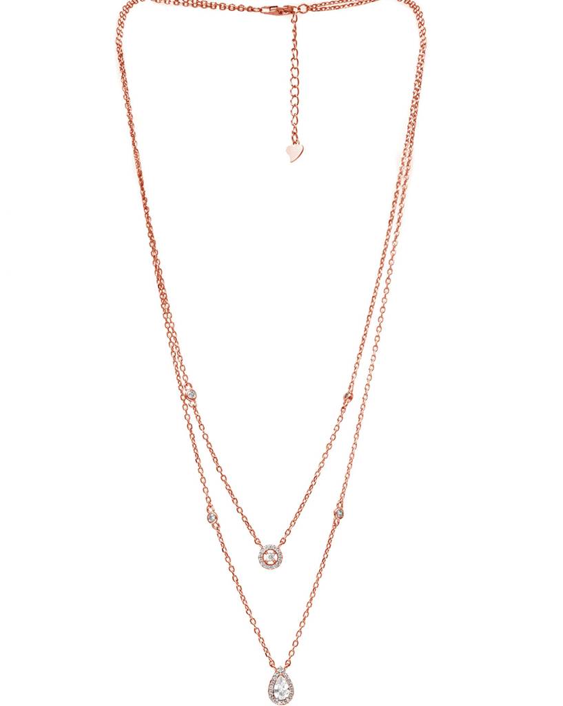 Trendy Dual Layered Solitaire Rose Gold Plated Sterling Silver Chain Necklace : MCRNCP457D1097