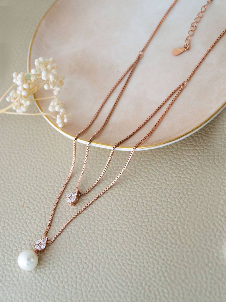 Mannash Layered Pearly Glam Rose Gold Plated Sterling Silver Chain Necklace : MCRNCP696D1668