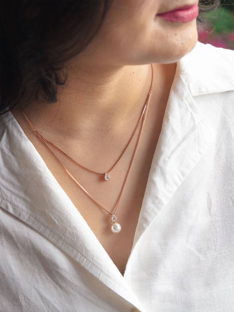 Mannash Layered Pearly Glam Rose Gold Plated Sterling Silver Chain Necklace : MCRNCP696D1668