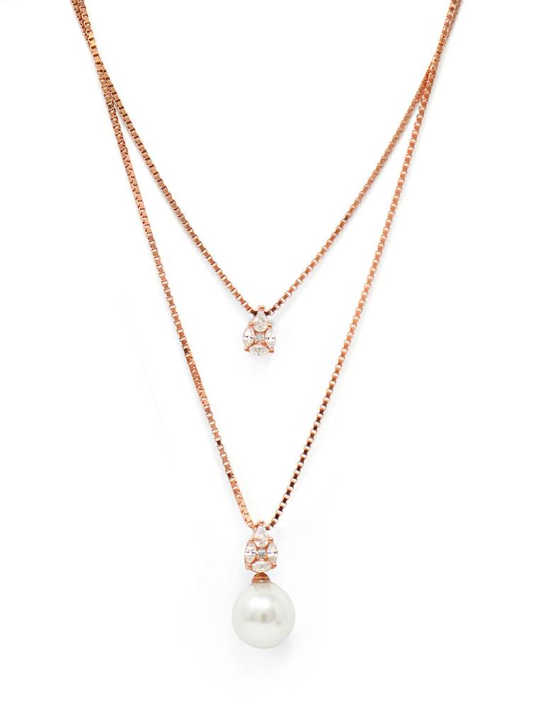 Mannash Layered Pearly Glam Rose Gold Plated Sterling Silver Chain Necklace : MCRNCP696D1668