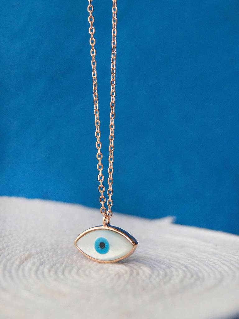Evil Eye Eclectic Mother Of Pearl Rose Gold Plated Sterling Silver Chain Necklace