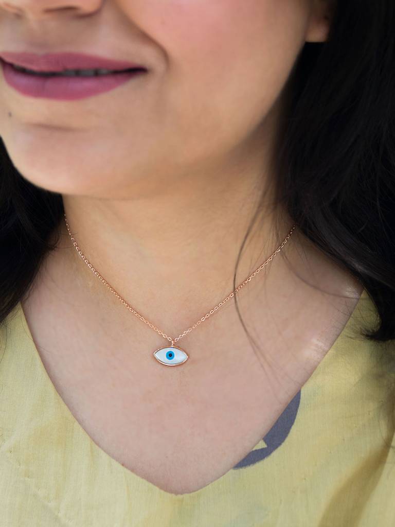 Evil Eye Eclectic Mother Of Pearl Rose Gold Plated Sterling Silver Chain Necklace