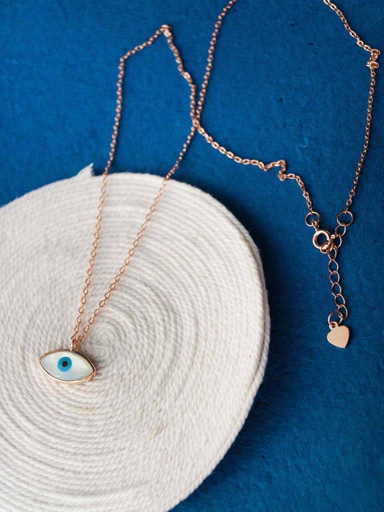 Evil Eye Eclectic Mother Of Pearl Rose Gold Plated Sterling Silver Chain Necklace