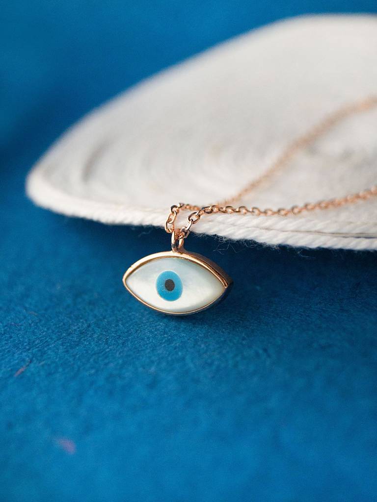 Evil Eye Eclectic Mother Of Pearl Rose Gold Plated Sterling Silver Chain Necklace