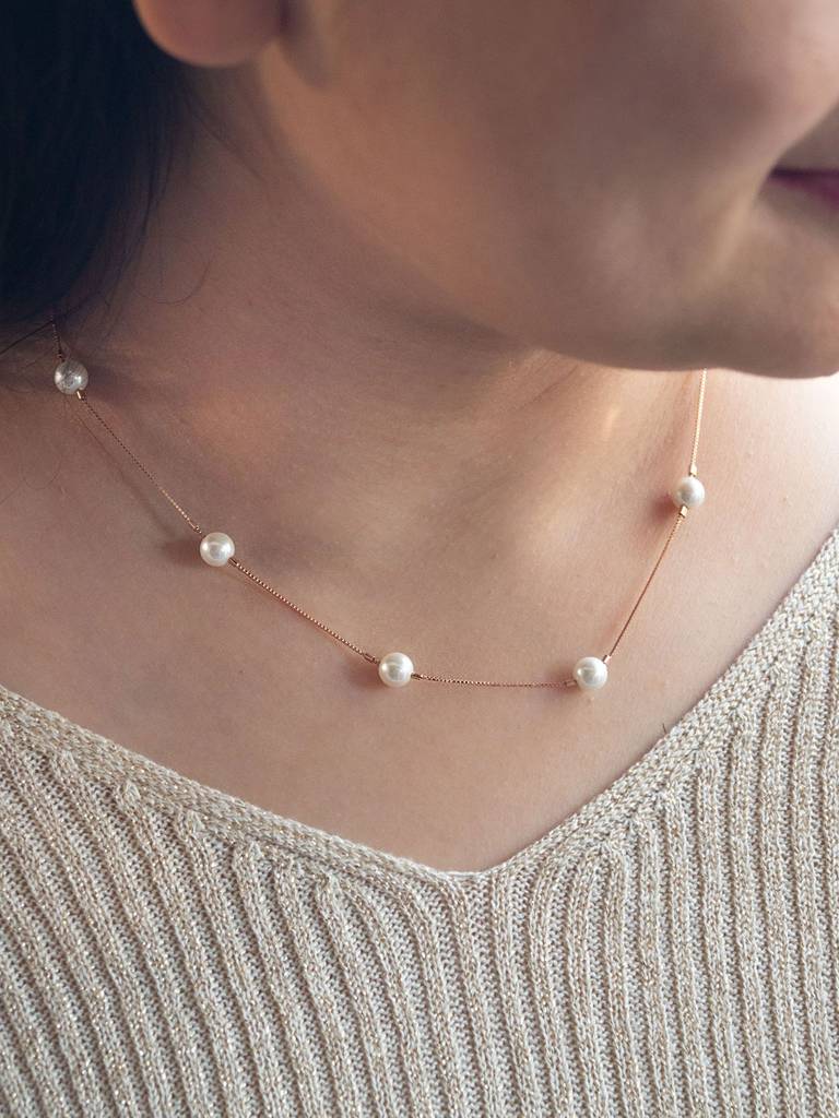 Forever Pearls Station Rose Gold Plated Sterling Silver Chain Necklace : MCRND567D1332