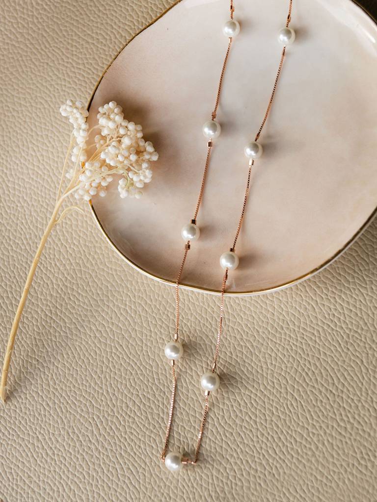 Forever Pearls Station Rose Gold Plated Sterling Silver Chain Necklace : MCRND567D1332
