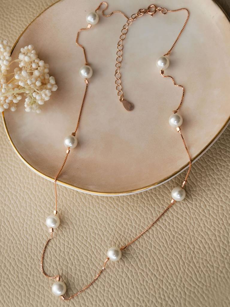 Forever Pearls Station Rose Gold Plated Sterling Silver Chain Necklace : MCRND567D1332