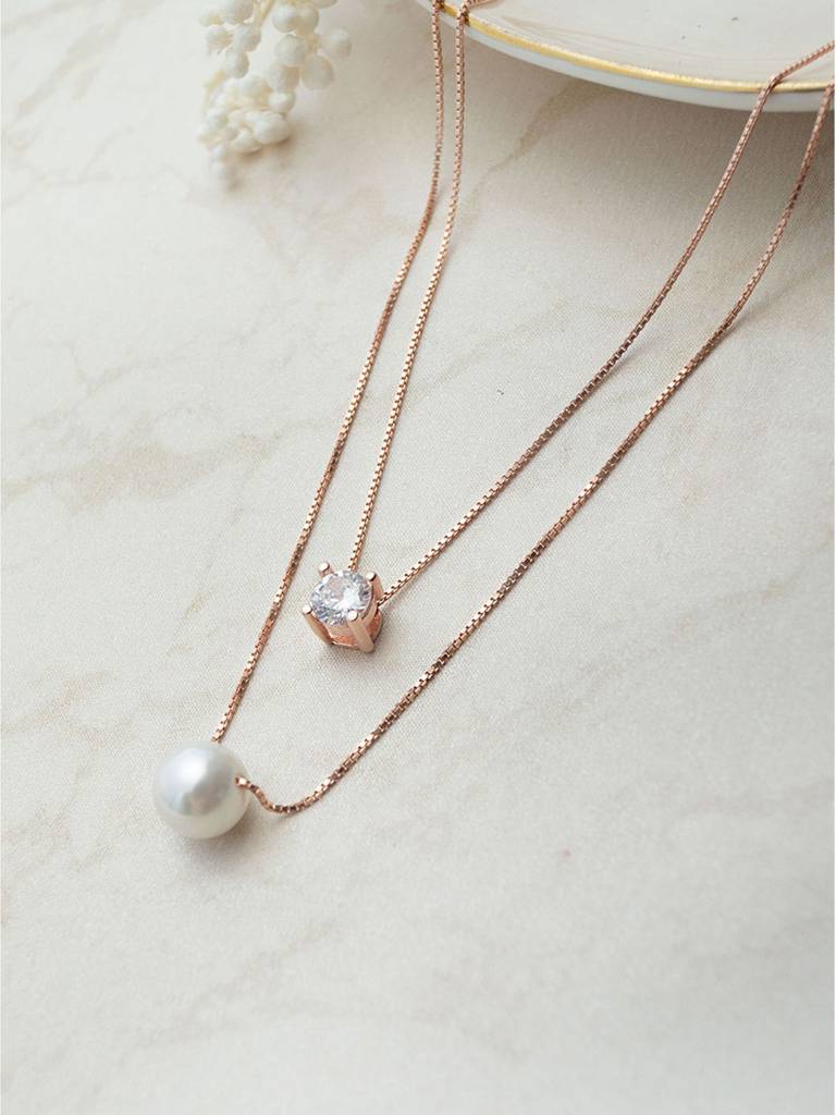 Mannash Pearl & Solitaire Together Two Layer Rose Gold Plated Sterling Silver Chain Necklace : MCRND790D1846