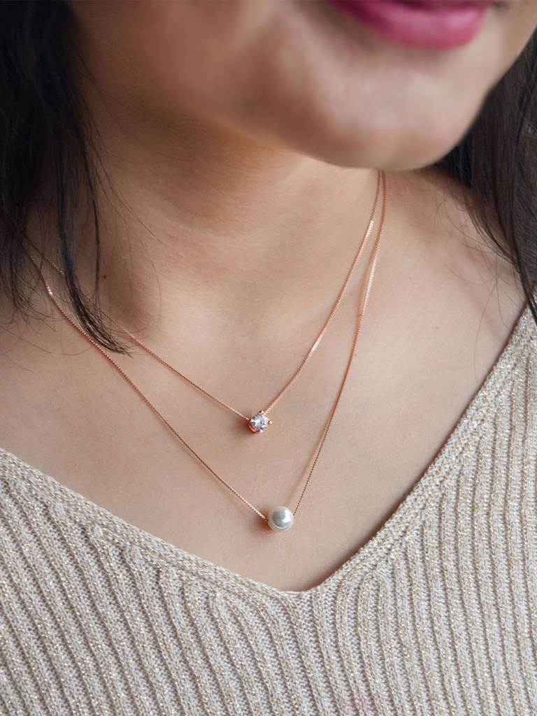 Mannash Pearl & Solitaire Together Two Layer Rose Gold Plated Sterling Silver Chain Necklace : MCRND790D1846