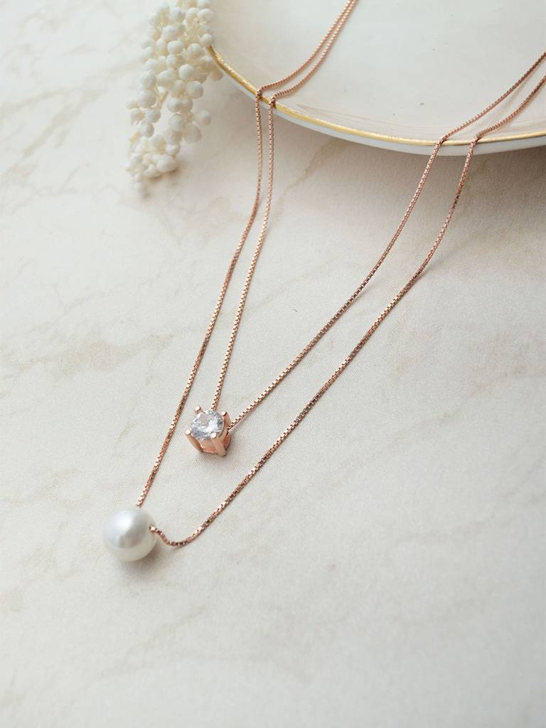 Mannash Pearl & Solitaire Together Two Layer Rose Gold Plated Sterling Silver Chain Necklace : MCRND790D1846