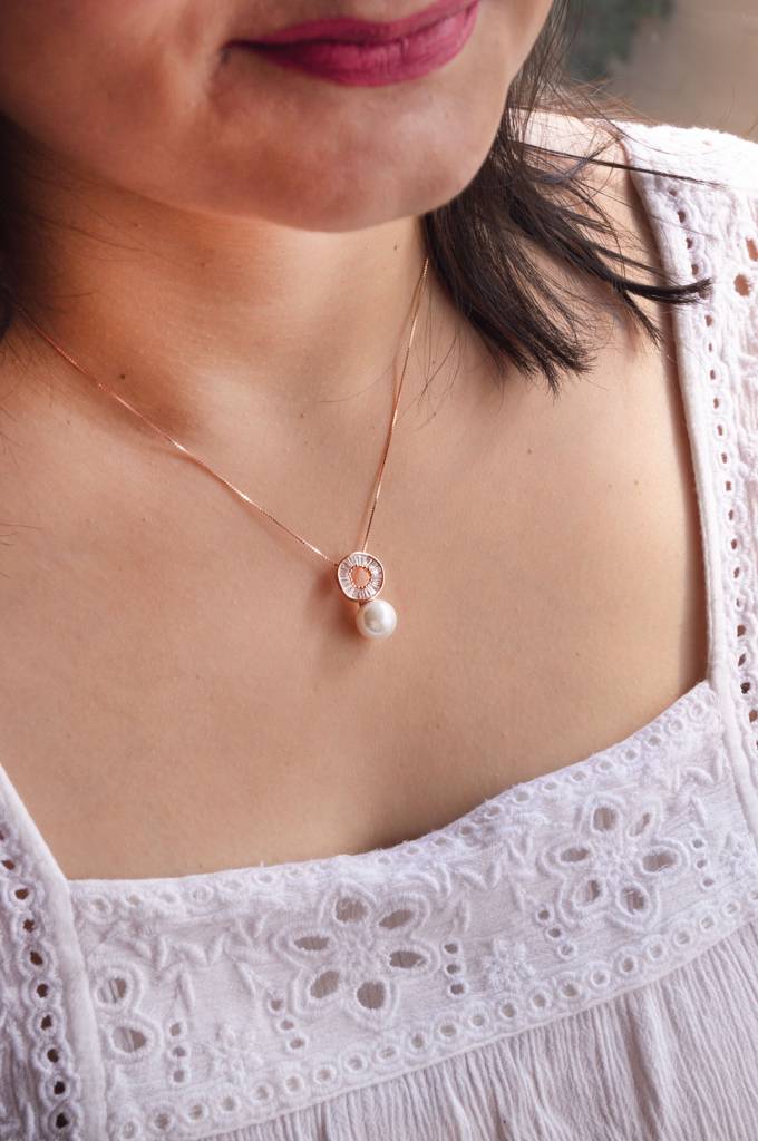 Mannash Baguetty Glam With Pearl Rose Gold Plated Sterling Silver Chain Necklace : MCRND830D1948