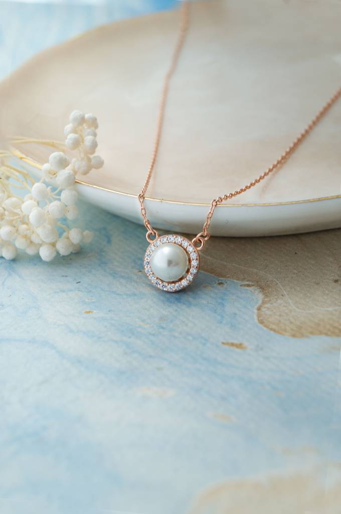Mannash Halo Pearl Rose Gold Plated Sterling Silver Chain Necklace : MCRND835D1953