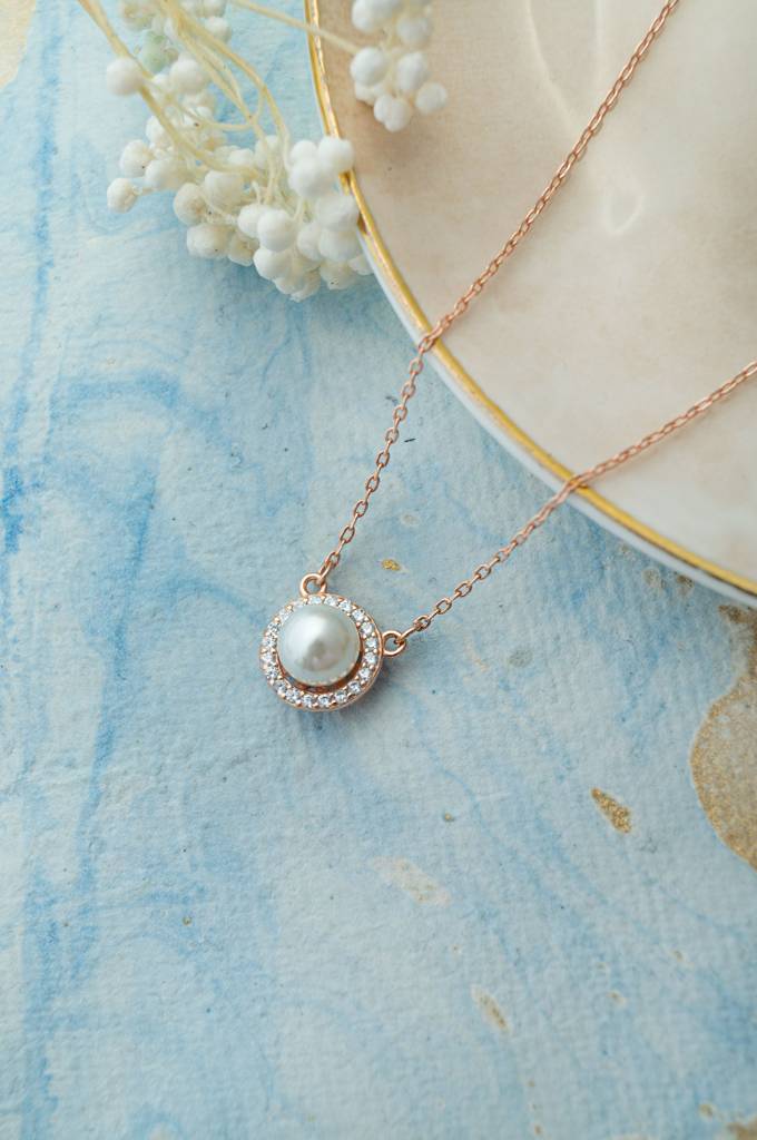 Mannash Halo Pearl Rose Gold Plated Sterling Silver Chain Necklace : MCRND835D1953