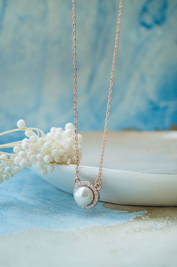 Mannash Halo Pearl Rose Gold Plated Sterling Silver Chain Necklace : MCRND835D1953