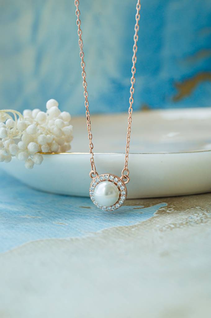 Mannash Halo Pearl Rose Gold Plated Sterling Silver Chain Necklace : MCRND835D1953