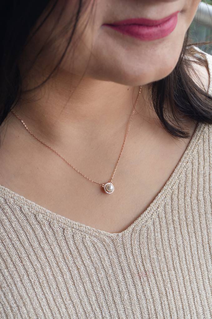 Mannash Halo Pearl Rose Gold Plated Sterling Silver Chain Necklace : MCRND835D1953