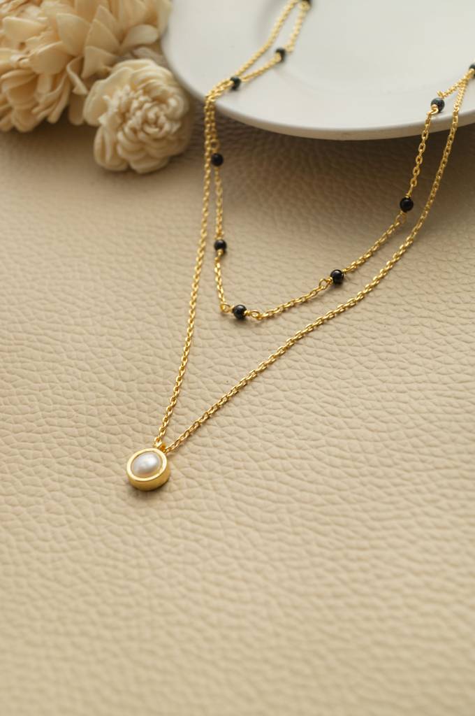 Trending Multilayer With Pearl Rose Gold Plated Sterling Silver Mangalsutra Necklace : MCYNM854D1983