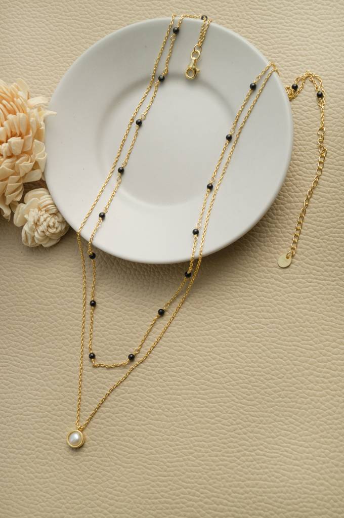 Trending Multilayer With Pearl Rose Gold Plated Sterling Silver Mangalsutra Necklace : MCYNM854D1983