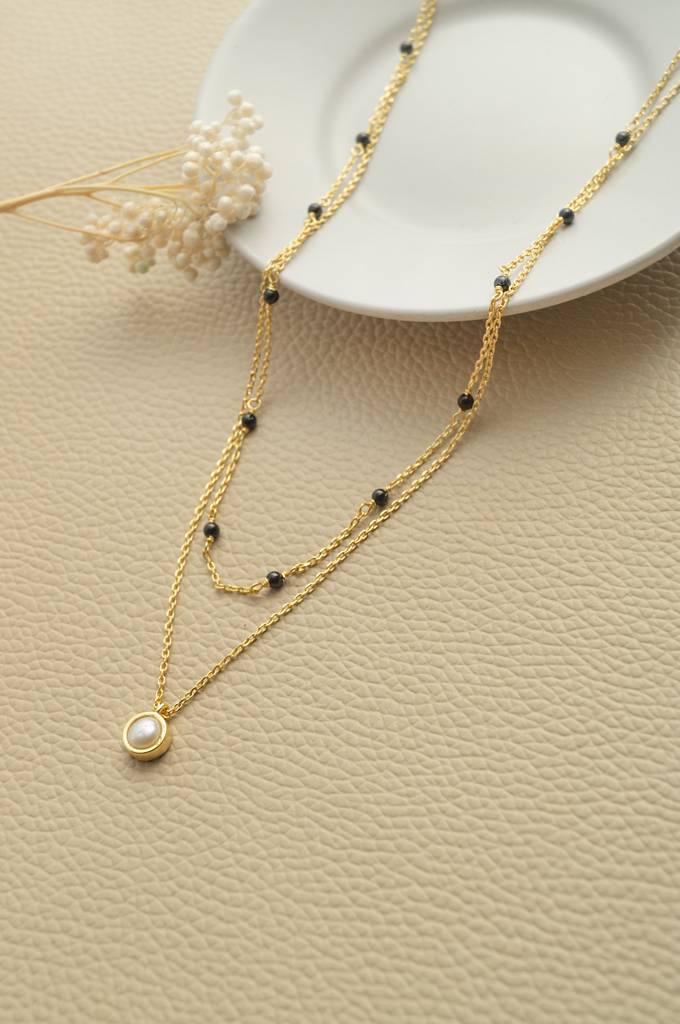 Trending Multilayer With Pearl Rose Gold Plated Sterling Silver Mangalsutra Necklace : MCYNM854D1983