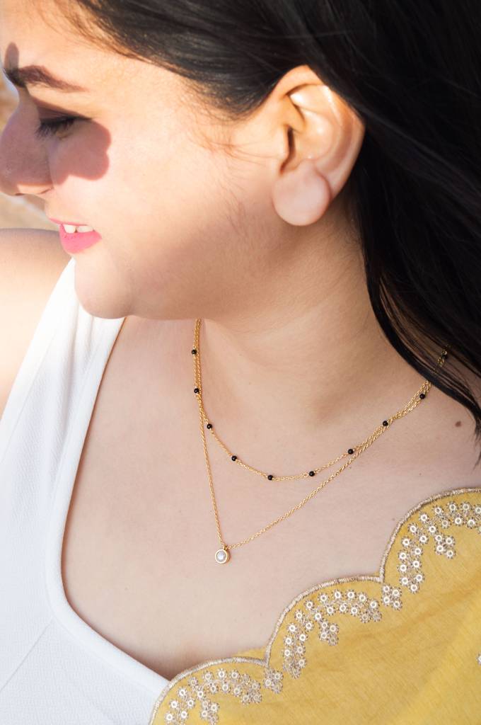 Trending Multilayer With Pearl Rose Gold Plated Sterling Silver Mangalsutra Necklace : MCYNM854D1983
