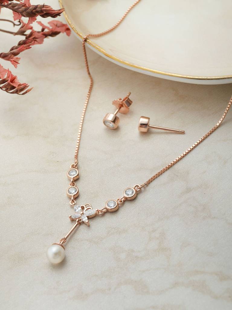 Mannash Butterfly Paradise Rose Gold Plated Sterling Silver Necklace Set : MCRNS881D2063