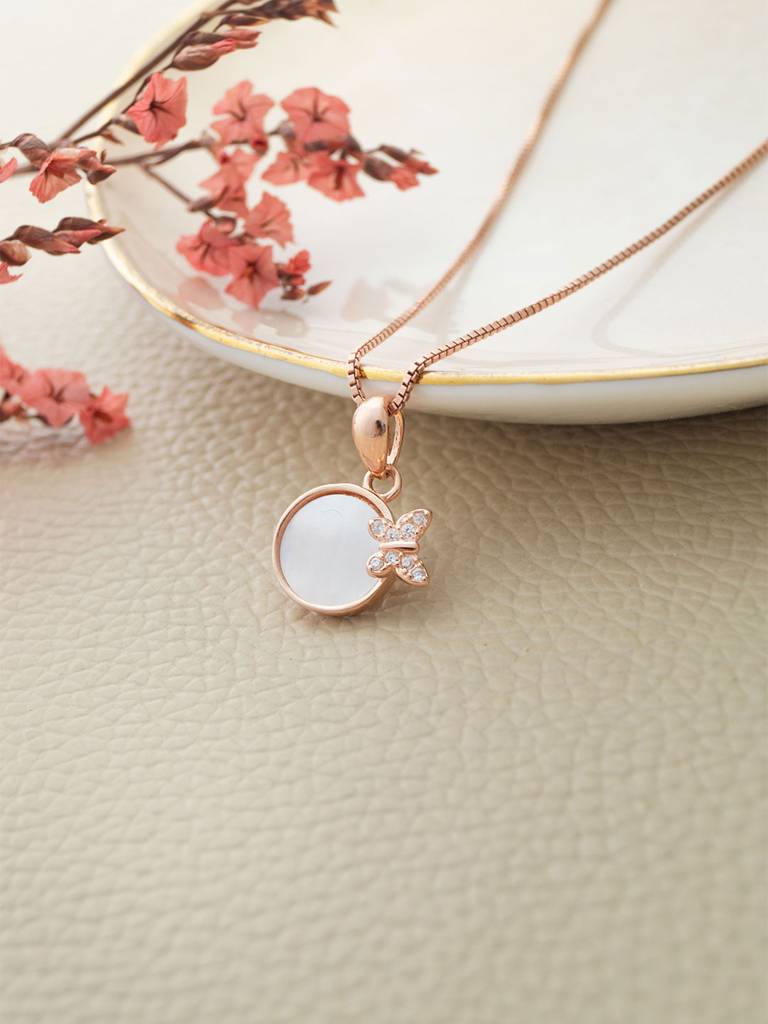 Mannash Butterfly On Mother Of Pearl Rose Gold Plated Sterling Silver Pendant : MCRPC851D2059