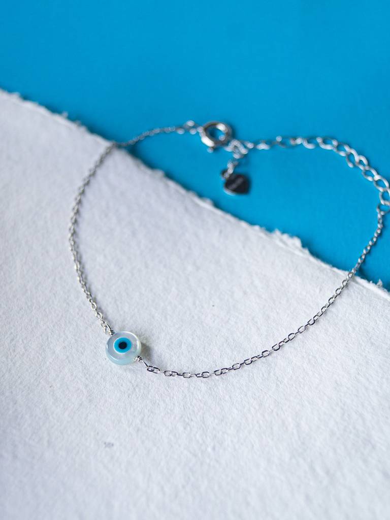 Mannash Evil Eye Mother-Of-Pearl 925 Sterling Silver Delicate Chain Bracelet