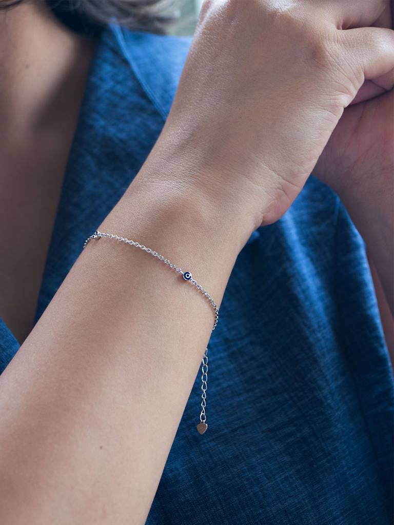 Tiny Stationed Evil Eye Sterling Silver Chain Bracelet : MCSBC626D1488