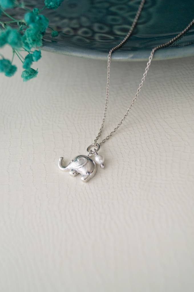 Cute Elephant With Pearl Rose Gold Plated Sterling Silver Charm Pendant With Chain : MCSCPC673D1623