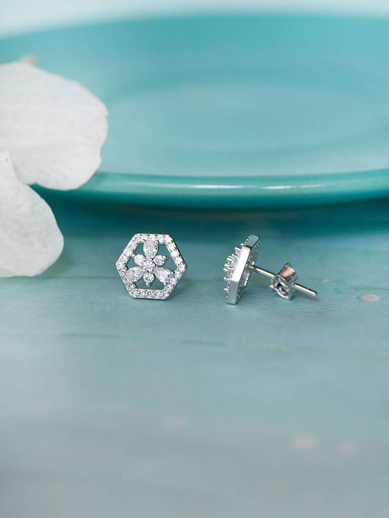 Hexagon With A Flower Sterling Silver Stud Earrings : MCSES532D1258