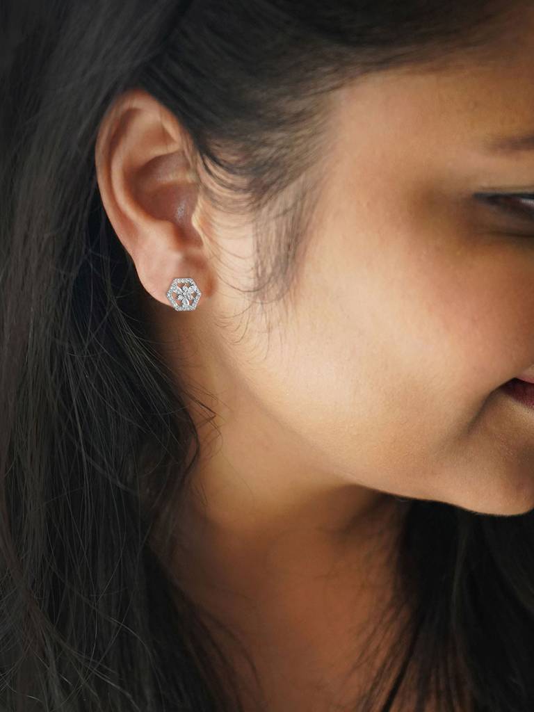 Hexagon With A Flower Sterling Silver Stud Earrings : MCSES532D1258