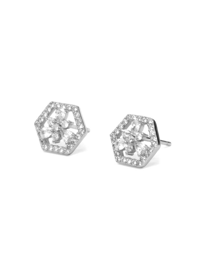 Hexagon With A Flower Sterling Silver Stud Earrings : MCSES532D1258