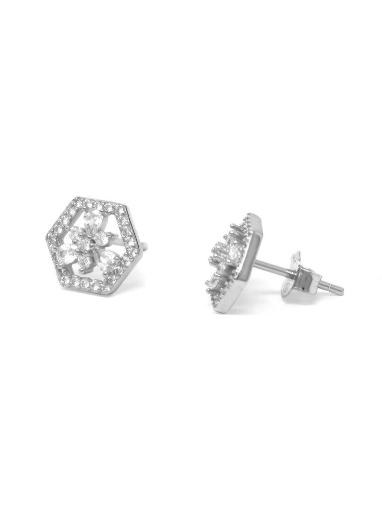 Hexagon With A Flower Sterling Silver Stud Earrings : MCSES532D1258