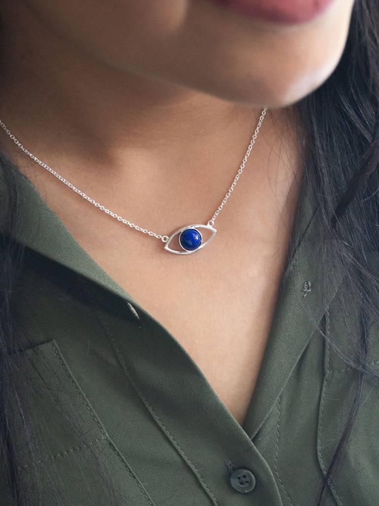 Mannash Protective Lapiz Silver Evil Eye Sterling Silver Pendant Chain Necklace : MCSNCP229D453