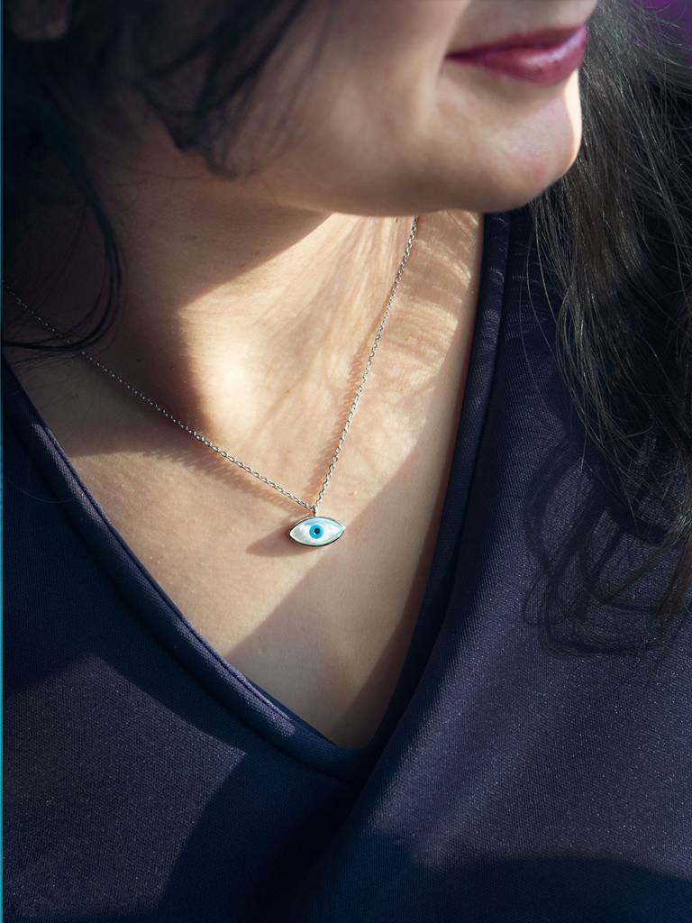 Evil Eye Eclectic Mother Of Pearl Sterling Silver Chain Necklace : MCSND545D1394