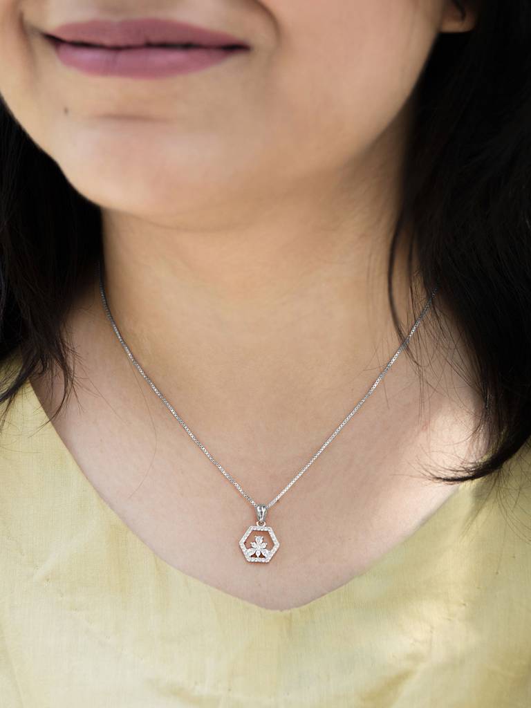 Hexagon With A Flower Sterling Silver Pendant With Chain : MCSPC532D1257