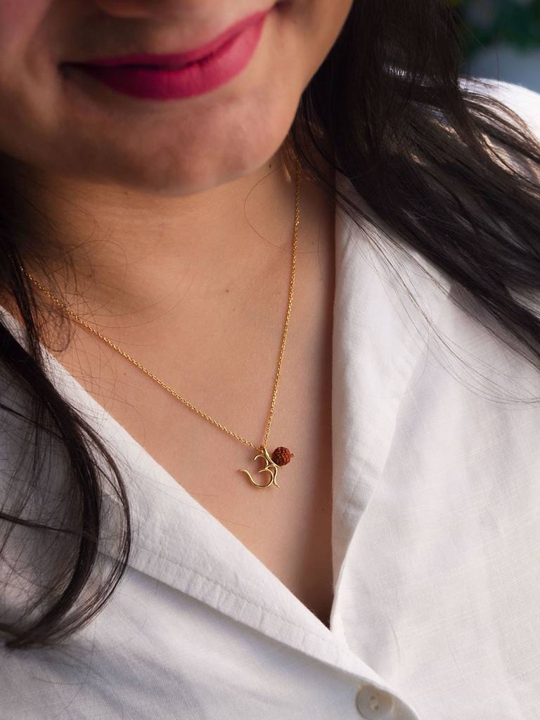 Sacred Om With Rudraksh Gold Plated Sterling Silver Charm Pendant : MCYCPC669D1595