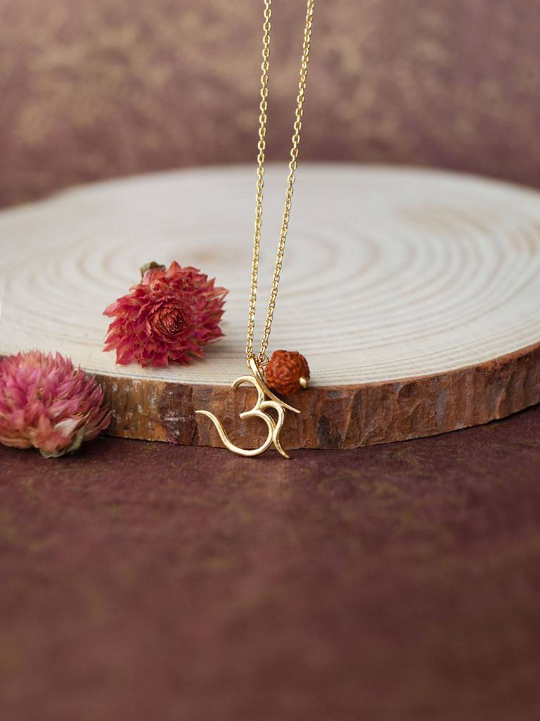 Sacred Om With Rudraksh Gold Plated Sterling Silver Charm Pendant : MCYCPC669D1595