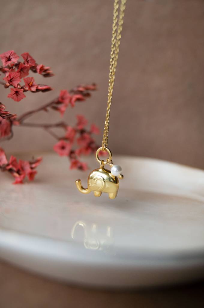 Cute Elephant With Pearl Gold Plated Sterling Silver Charm Pendant With Chain : MCYCPC673D1619