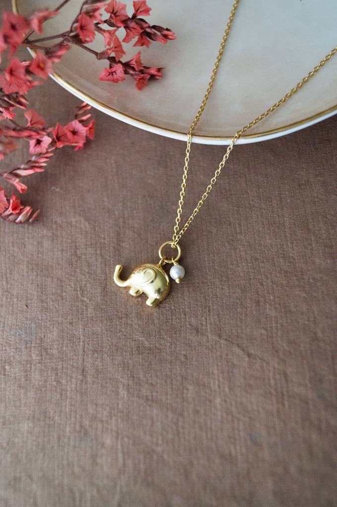 Cute Elephant With Pearl Gold Plated Sterling Silver Charm Pendant With Chain : MCYCPC673D1619