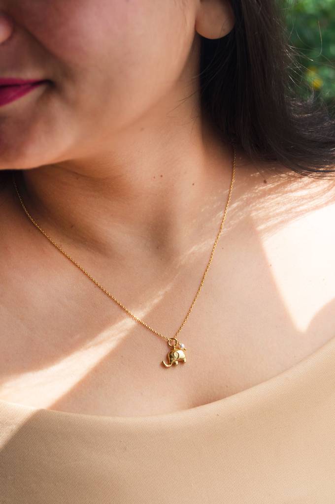 Cute Elephant With Pearl Gold Plated Sterling Silver Charm Pendant With Chain : MCYCPC673D1619