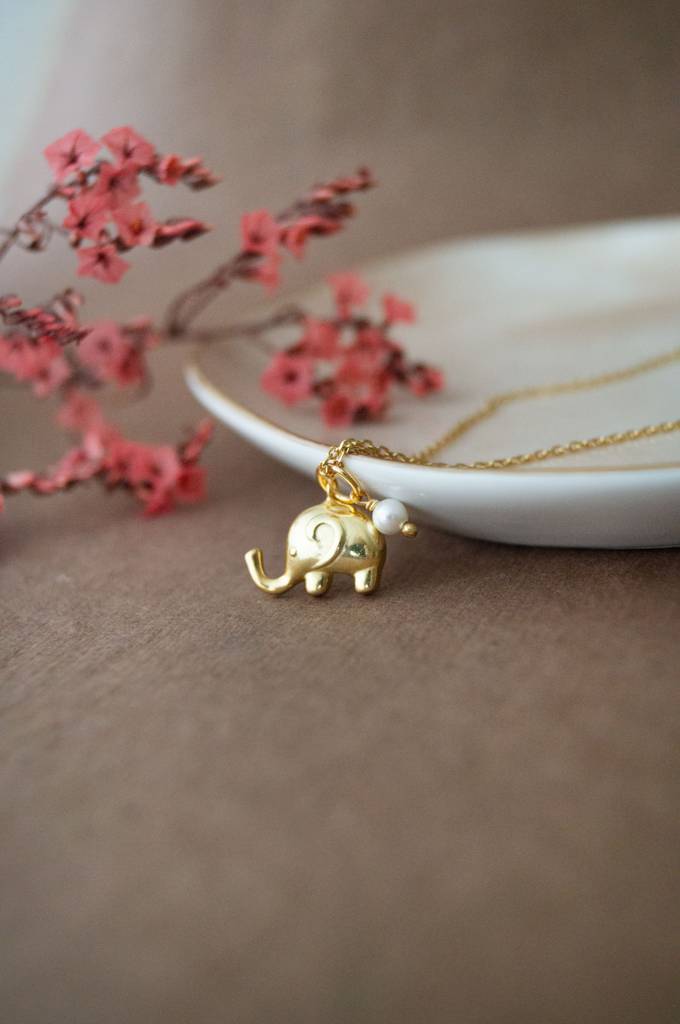 Cute Elephant With Pearl Gold Plated Sterling Silver Charm Pendant With Chain : MCYCPC673D1619