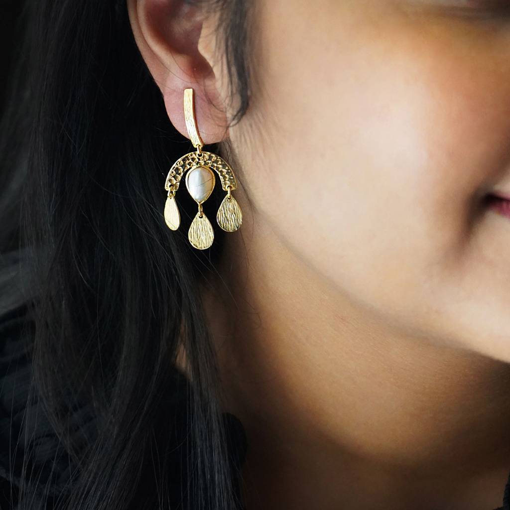 Mannash Dance Away Gold Plated Sterling Silver Pearl Droplet Earrings : MCYED250D488