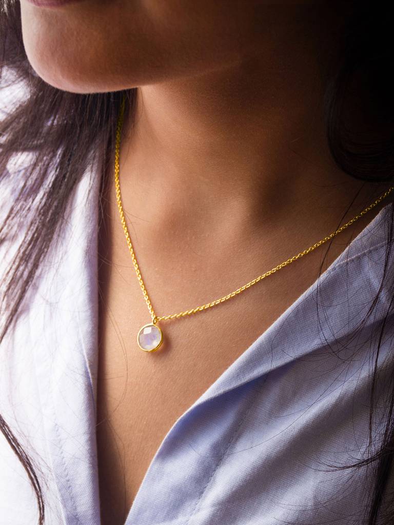 Mannash Rainbow Moonstone Coin Gold Plated Sterling Silver Pendant Necklace