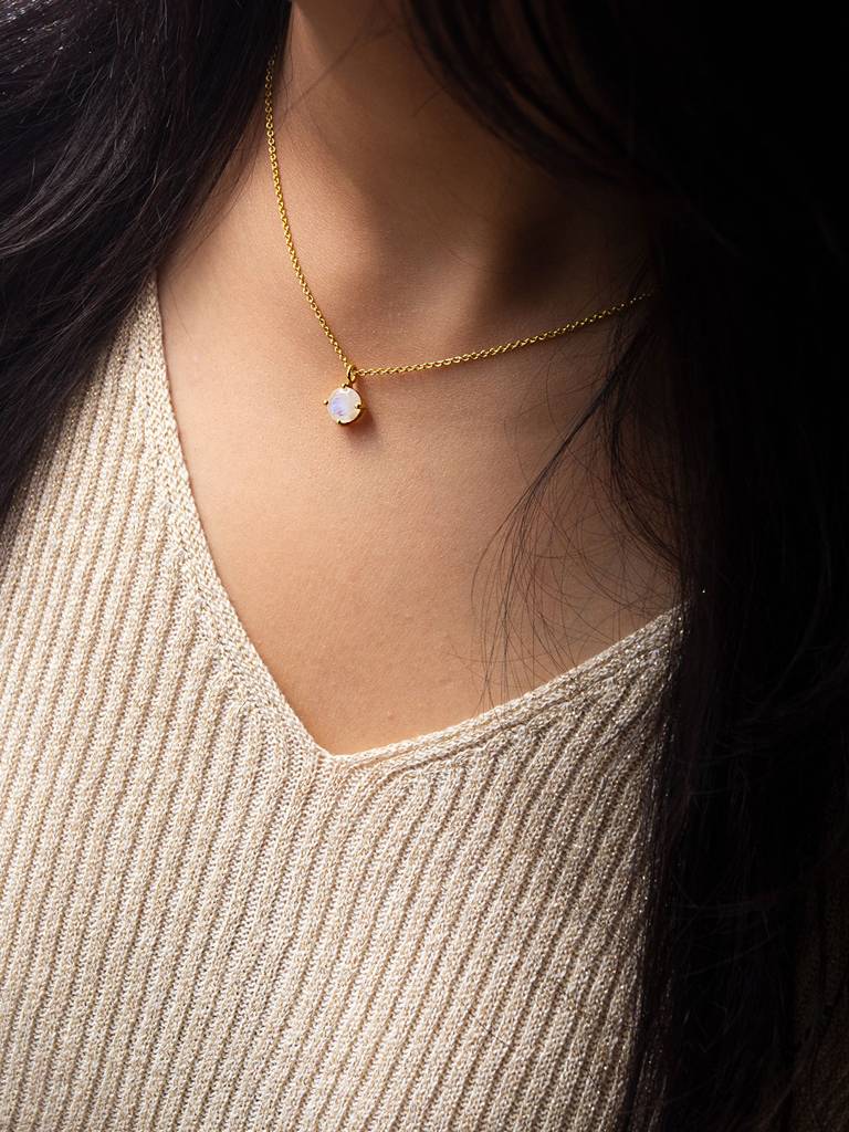 Mannash Divine Rainbow Moonstone Classic Gold Plated 925 Sterling Silver Pendant Necklace