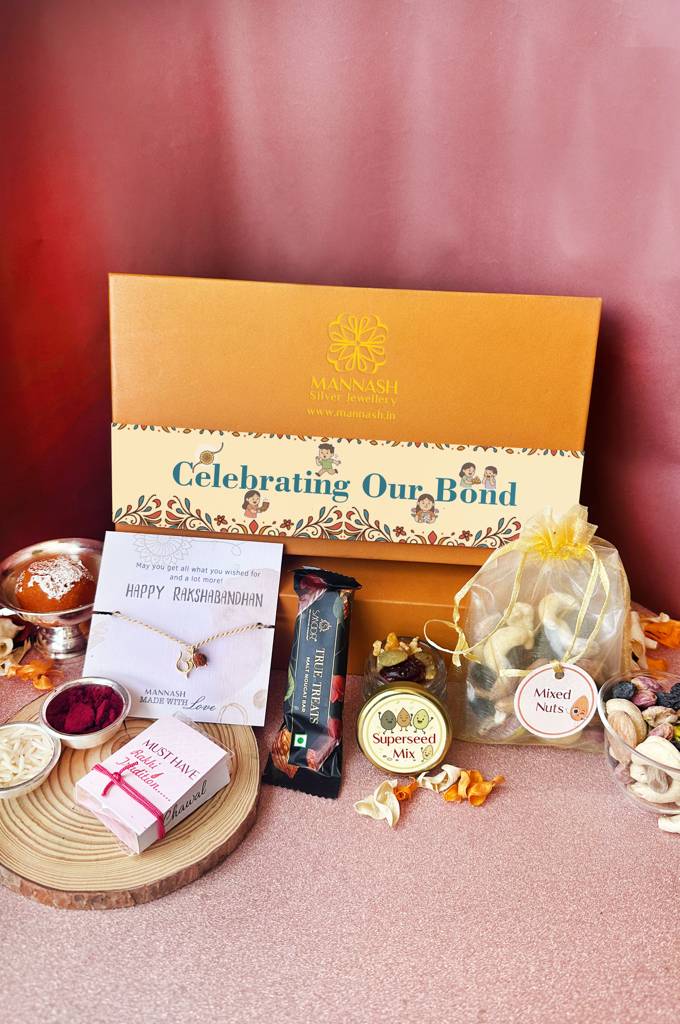 Eternz Certified Jewellery - Mannash Premium Silver Rakhi Gift Hamper With Luxury Chocolate, Gourmet Treats & Roli Chawal