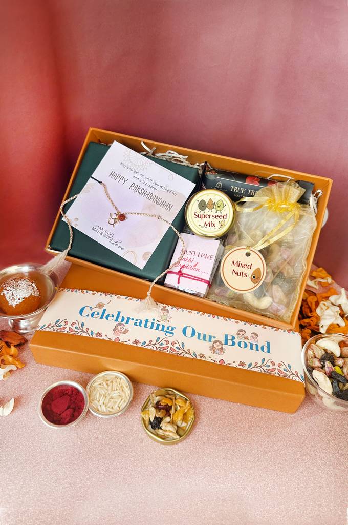 Mannash Premium Silver Rakhi Gift Hamper With Luxury Chocolate, Gourmet Treats & Roli Chawal : MCYRHO920D2307